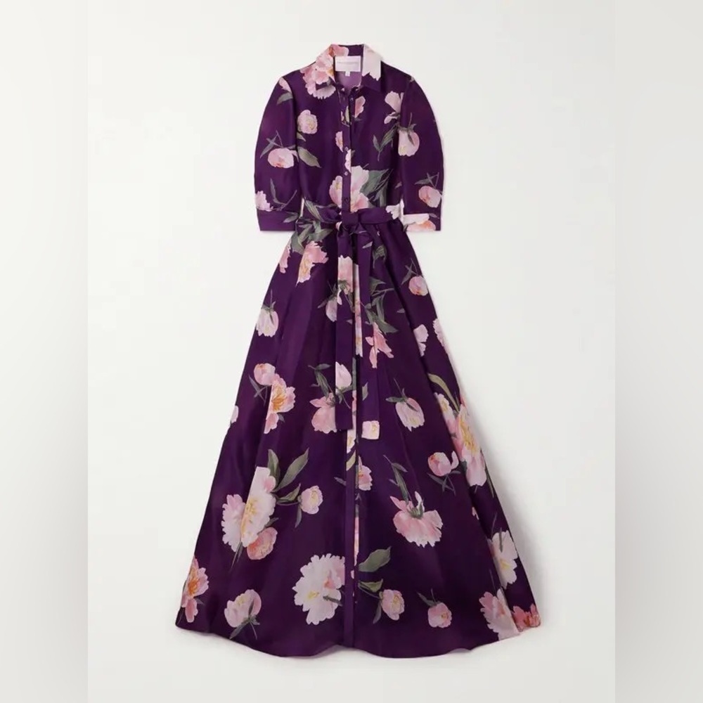 CAROLINA HERRERA Trench Gown in Fig Multi Purple Floral Belted Dress Size 8 NWT